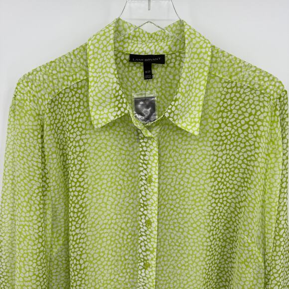 Lane Bryant Size 18 / 20 Sheer Green & White Long Sleeve Button Down Blouse Top - Picture 2 of 10